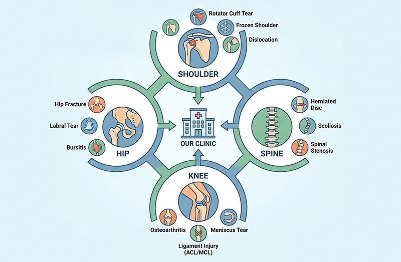 Common orthopedic conditions treated at our clinic in Ahmedabad - knee, hip, shoulder, spine